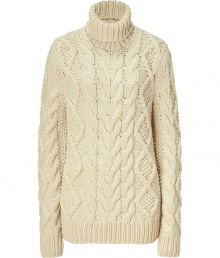 Super cozy in chic ecru stretch wool, Michael Kors cable knit pullover counts as an ultra luxe, multi-season must - Turtleneck, long sleeves, ribbed trim, slim straight fit - Pair with favorite skinnies and sleek ankle boots