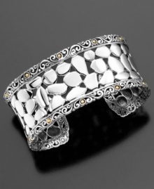 Appealing openwork and modern design add appeal to this wear-everywhere cuff bracelet by Effy Collection(tm). Crafted in sterling silver and 18k gold. Approximate diameter: 2-1/4 inches. Appealing openwork and modern design add appeal to this wear-everywhere cuff bracelet by Effy Collection(tm). Crafted in sterling silver and 18k gold. Approximate diameter: 2-1/4 inches.
