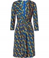 Stylish dress in fine patterned silk, from British label, Issa - Soft, high-quality feel against the skin - Decorative graphic print in royal and green apple - Narrow-waisted silhouette with long draping - Sexy, deep v-neck for a long, lean effect - Slightly flared skirt falls just above the knee - Wear to any even with sandals or peep toes