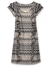 Modern and playful, this Aqua ruffle dress flaunts the season's trend-right zig-zag pattern in sophisticated shades of cream, gray and black. Modern and playful, this Aqua ruffle dress flaunts the season's trend-right zig-zag pattern in sophisticated shades of cream, gray and black.
