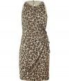 Sexy, sophisticated dress in fashionable leopard print pattern - Sleeveless, slim design with with gathered round neck, and decorative draping - Skirt falls to the knee - Hit dress for anything evening event - Looks chic with a booties or classic with platform pumps