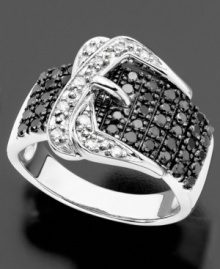 Cinch up your style with this sweet and shining buckle-designed diamond ring. Round-cut white diamonds (1/10 ct. t.w.) and black diamonds (5/8 ct. t.w.) shine in sterling silver. Size 7. Cinch up your style with this sweet and shining buckle-designed diamond ring. Round-cut white diamonds (1/10 ct. t.w.) and black diamonds (5/8 ct. t.w.) shine in sterling silver. Size 7.