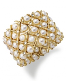 The romantic touch of acrylic pearls adds a lovely accent to this cuff bracelet from Charter Club. Finished with glass stone accents. Crafted in gold tone mixed metal. Approximate width: 2-1/2 inches. Stretches to fit wrist.