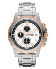 A modern touch of sophisticated rose-gold upgrades this timeless steel watch from Fossil's Dean collection. A modern touch of sophisticated rose-gold upgrades this timeless steel watch from Fossil's Dean collection.