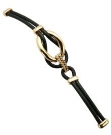 Equal parts luxe and leather. T Tahari's contemporary-chic cuff bracelet features overlapping loops in black leather, 14k gold-plated accents and sparkling Colorado crystals. Approximate diameter: 3-1/2 inches. Equal parts luxe and leather. T Tahari's contemporary-chic cuff bracelet features overlapping loops in black leather, 14k gold-plated accents and sparkling Colorado crystals. Approximate diameter: 3-1/2 inches.