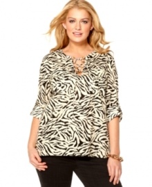 Lace-up a safari look with MICHAEL Michael Kors' long sleeve plus size top, spotlighting a fierce print!