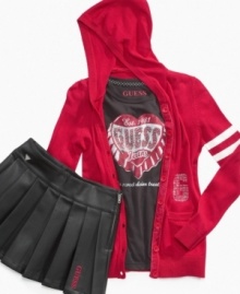 Adding a little attitude to her look, this faux-leather skirt is a comfy way to complement her cool style. Adding a little attitude to her look, this faux-leather skirt is a comfy way to complement her cool style.