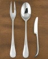 The contemporary and curvaceous Torun pattern, created by a jewelry designer in best-quality 18/8 stainless steel, is lustrous on the table and wonderful in the hand.