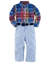 A classically preppy set includes a madras button-down shirt, woven oxford pants and a coordinated grosgrain belt.