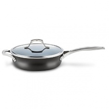 This Calphalon sauté pan with lid boasts the revolutionary Unison Slide Nonstick surface which releases foods effortlessly, making even the most demanding culinary creations simple to prepare. A heavy-gauge bottom provides even heating and prevents sauces from scorching, while the high sides and narrow opening control evaporation. Handles stay comfortably cool on the stovetop. This Calphalon sauté pan with lid boasts the revolutionary Unison Slide Nonstick surface which releases foods effortlessly, making even the most demanding culinary creations simple to prepare. A heavy-gauge bottom provides even heating and prevents sauces from scorching, while the high sides and narrow opening control evaporation. Handles stay comfortably cool on the stovetop.