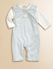An adorable striped pima cotton coverall is adorned with embroidered sheep and paired with a neutral bodysuit for a precious ensemble. Bodysuit CrewneckLong sleevesShoulder snap closureBottom snaps Overalls Round necklineSleevelessShoulder snapsBottom snapsOverall: 94% pima cotton/6% polyesterBodysuit: CottonMachine washImported Please note: Number of snaps may vary depending on size ordered. An adorable striped pima cotton coverall is adorned with embroidered sheep and paired with a neutral bodysuit for a precious ensemble. Bodysuit CrewneckLong sleevesShoulder snap closureBottom snaps Overalls Round necklineSleevelessShoulder snapsBottom snapsOverall: 94% pima cotton/6% polyesterBodysuit: CottonMachine washImported Please note: Number of snaps may vary depending on size ordered.