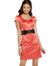 Strike an elegant pose in this formal BCX dress, made adorable with puff sleeves and a wide, removable belt! Strike an elegant pose in this formal BCX dress, made adorable with puff sleeves and a wide, removable belt!