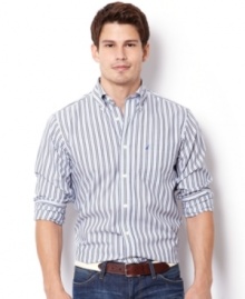 The stripes on this shirt from Nautica set raise the bar for work-to-weekend style.