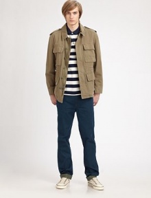 Show off your street smarts with this neat yet versatile outerwear option, rendered in rich cotton for long-lasting wear.Zip frontButtoned placketChest, waist flap pocketsShoulder epaulettesAbout 28 from shoulder to hemDry cleanImported Show off your street smarts with this neat yet versatile outerwear option, rendered in rich cotton for long-lasting wear.Zip frontButtoned placketChest, waist flap pocketsShoulder epaulettesAbout 28 from shoulder to hemDry cleanImported