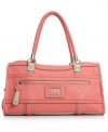 A trendy take on the classic satchel silhouette. This sleek design by GUESS features a subtle, posh front plaque at front, braided double handles and contrast trim.