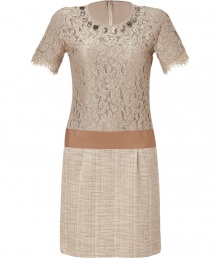 Take on this seasons love for everything ladylike in Steffen Schrauts mixed-media lace detailed dress - Embellished round neckline, short sleeves with scalloped trim, grosgrain waistband, hidden back zip - Tailored fit - Wear with patent leather flats and a leather tote for work