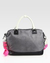 A sporty silhouette updated in rich python-embossed leather, finished with dual carrying straps.Double top handles, 6 dropDetachable, adjustable shoulder strap, 13-17 dropTop zip closureOne inside zip pocketTwo inside open pocketsCanvas lining12½W X 11H X 7DImported