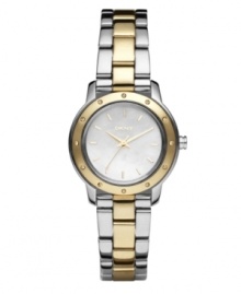 From corporate to casual, this watch by DKNY is always classic. Two-tone stainless steel bracelet and round case with gold tone bezel embellished by crystal accents. Sleek mother-of-pearl dial features gold tone stick indices, three hands and logo. Quartz movement. Water resistant to 30 meters. Two-year limited warranty. From corporate to casual, this watch by DKNY is always classic. Two-tone stainless steel bracelet and round case with gold tone bezel embellished by crystal accents. Sleek mother-of-pearl dial features gold tone stick indices, three hands and logo. Quartz movement. Water resistant to 30 meters. Two-year limited warranty.