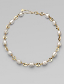 This unique and chic design of baroque pearls and three dimensional 18k gold oval links is simply stunning.12mm baroque white organic man-made pearls18k goldplated sterling silverLength, about 16 to 18 adjustableLobster clasp closureImported This unique and chic design of baroque pearls and three dimensional 18k gold oval links is simply stunning.12mm baroque white organic man-made pearls18k goldplated sterling silverLength, about 16 to 18 adjustableLobster clasp closureImported