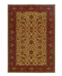 A modern, symmetrical take on antique tapestries, the Everest Tabriz Gold area rugs feature a floral blend of red flowers and leafy silhouettes set against a beige background, and an ornate burgundy border. Fashioned using the most advanced method available for heat-set polypropylene, this super-dense power-loom weave creates a natural appearance without sacrificing the soft luxury finish of hand-woven rugs. One-year limited warranty (defects due to manufacturing).