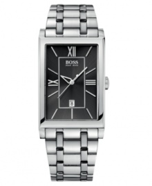 Style that lasts through the ages. This Hugo Boss watch features a stainless steel bracelet and rectangular case. Black dial with silvertone roman numerals and stick indices, logo and date window. Quartz movement. Water resistant to 30 meters. Two-year limited warranty.