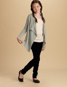 A light slubbed knit with a hint of sparkle in a graceful cascade-front style .Draped cascade collar and open frontLong sleeves85% polyester/11% metallic/4% spandexHand washMade in USA A light slubbed knit with a hint of sparkle in a graceful cascade-front style .Draped cascade collar and open frontLong sleeves85% polyester/11% metallic/4% spandexHand washMade in USA