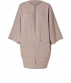 Stylish beige cashmere cardigan from Jil Sander is clean and dramatic - Ultra-soft and cozy, it feels great on - Structured shape features open front, small rounded neckline, wide sleeves and patch pockets - Wear over a simple dress, opaque stockings and boots for a sophisticated look