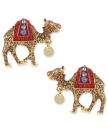 Get over the hump. These Betsey Johnson stud earrings are shaped like camels, embellished with glitter, multi-colored details and crystal accents. Crafted in antiqued gold tone mixed metal. Approximate drop: 3/4 inch.