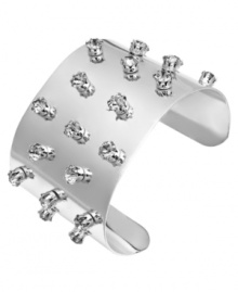 Give your look a little cuff love. Bar III's rockstar-inspired cuff bracelet features a spiky design that sparkles with the addition of round-cut black crystals. Set in silver plated mixed metal. Approximate diameter: 3 inches.