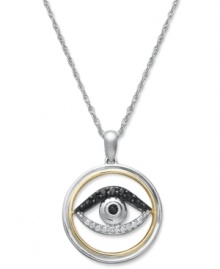 Ward away evil spirits in style! This stunning evil eye pendant features an intricate, cut-out setting that shines with sparkling, round-cut white diamonds (1/10 ct. t.w.) and black diamond accents. Comes with a matching rope chain. Crafted in 14k gold and sterling silver for ultimate versatility. Approximate length: 18 inches. Approximate drop: 9/10 inch. Ward away evil spirits in style! This stunning evil eye pendant features an intricate, cut-out setting that shines with sparkling, round-cut white diamonds (1/10 ct. t.w.) and black diamond accents. Comes with a matching rope chain. Crafted in 14k gold and sterling silver for ultimate versatility. Approximate length: 18 inches. Approximate drop: 9/10 inch.