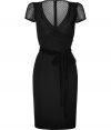 With a super sultry 1940s-inspired flair, this LWren Scott cocktail dress will make you the life of the party - Wrap style with V-neck and draped side detail, sheet lace-detailed cap sleeves and back, velvet tie belt, fitted pencil skirt, concealed back zip closure - Style with back-seam stockings, sky-high platforms, and a statement clutch