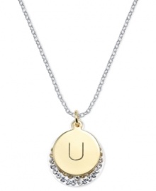 Letter perfection. This sterling silver necklace holds a pendant set in 14k gold and sterling silver plated topped with a U and adorned with crystal for a stunning statement. Approximate length: 18 inches. Approximate drop: 7/8 inch. Approximate drop width: 5/8 inch. Letter perfection. This sterling silver necklace holds a pendant set in 14k gold and sterling silver plated topped with a U and adorned with crystal for a stunning statement. Approximate length: 18 inches. Approximate drop: 7/8 inch. Approximate drop width: 5/8 inch.