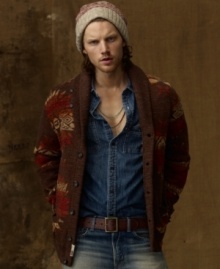 Wood-splitting, fire-building, trailblazing: This earthy Southwestern-inspired cotton cardigan evokes the feel of the Great Outdoors--anytime, anywhere. Wood-splitting, fire-building, trailblazing: This earthy Southwestern-inspired cotton cardigan evokes the feel of the Great Outdoors--anytime, anywhere.