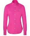 Work a bright accent into your tailored classics with Ralph Laurens hibiscus stretch cotton poplin button-down - Cutaway collar, long sleeves, buttoned cuffs, button-down front, shirttail hemline - Form-fitting - Wear with jeans, loafers, and smart leather accessories