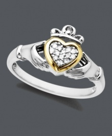 Revel in Irish elegance. Ring features a beautiful Claddagh design set in sterling silver. A rich 14k gold heart cradles sparkling round-cut diamonds. Size 7. Revel in Irish elegance. Ring features a beautiful Claddagh design set in sterling silver. A rich 14k gold heart cradles sparkling round-cut diamonds. Size 7.