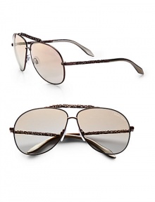 Matte metal aviators get a fancy update with abstract metal temples and brow bar. Available in bronze with gradient brown lens.Abstract metal temples100% UV protectionMade in Italy Matte metal aviators get a fancy update with abstract metal temples and brow bar. Available in bronze with gradient brown lens.Abstract metal temples100% UV protectionMade in Italy