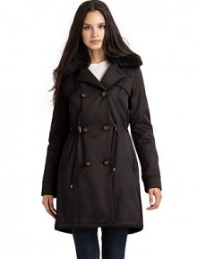 THE LOOKTailored from a water-resistant coated cotton/nylon blendZip-off hood with faux fur liningNotched collar with removable faux fur trim Double-breasted button frontChest gun flapsDual front welt pocketsDrawstring waistLong sleeves with belted snap cuffsCenter back vent with drawstringZip-out faux fur liningTHE FITAbout 33 from shoulder to hemTHE MATERIALShell: cotton/nylonFaux fur trim: acrylic/modacrylic/polyesterLining: THE LOOKTailored from a water-resistant coated cotton/nylon blendZip-off hood with faux fur liningNotched collar with removable faux fur trim Double-breasted button frontChest gun flapsDual front welt pocketsDrawstring waistLong sleeves with belted snap cuffsCenter back vent with drawstringZip-out faux fur liningTHE FITAbout 33 from shoulder to hemTHE MATERIALShell: cotton/nylonFaux fur trim: acrylic/modacrylic/polyesterLining: