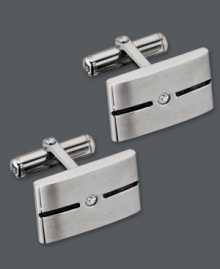 Stylish sophistication. This chic pair of cuff links is the perfect accent for the modern man. Crafted in stainless steel, cuff links feature a black enamel stripe with a sparkling diamond accent. Cuff links have swivel backs for ease of use. Approximate length: 3/4 inch. Approximate width: 1/2 inch. Stylish sophistication. This chic pair of cuff links is the perfect accent for the modern man. Crafted in stainless steel, cuff links feature a black enamel stripe with a sparkling diamond accent. Cuff links have swivel backs for ease of use. Approximate length: 3/4 inch. Approximate width: 1/2 inch.