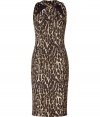 Luxe dress in fine, printed viscose stretch blend - Elegant, on-trend leopard motif in rich shades of brown and gold - Sleek, sleeveless bodice with twisted halter neck - Fitted, feminine silhouette flatters and accentuates every curve - pencil skirt with kick pleat hits at knee - Sexy and sophisticated, perfect for parties and evenings out - Pair with a clutch and peep toe pumps or dressy sandals