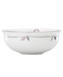 Hummingbirds twirl and buzz from flowery pink leaves to blue on this dreamy bone china serving bowl from Lenox Lifestyle dinnerware. The dishes from the Silver Song collection are crisscrossed with platinum branches and abound with fanciful springtime delight and irresistible modern charm. Qualifies for Rebate Hummingbirds twirl and buzz from flowery pink leaves to blue on this dreamy bone china serving bowl from Lenox Lifestyle dinnerware. The dishes from the Silver Song collection are crisscrossed with platinum branches and abound with fanciful springtime delight and irresistible modern charm. Qualifies for Rebate