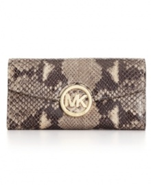 Sophisticated yet sultry, this sleek snakeskin print wallet by Michael Kors will make them stop and stare. Accented with polished signature hardware, this flawless wallet is the epitome of timeless chic. Sophisticated yet sultry, this sleek snakeskin print wallet by Michael Kors will make them stop and stare. Accented with polished signature hardware, this flawless wallet is the epitome of timeless chic.