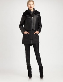 Featuring an edgy-chic leather vest, a wool-blend jacket with convenient patch pockets.Front zipperLeather zip vestZipper detailsPatch pocketsFully linedAbout 34 from shoulder to hem80% wool/20% polyamideDry clean by leather specialistImported of Italian fabric Model shown is 5'10 (177cm) wearing US size Small. Featuring an edgy-chic leather vest, a wool-blend jacket with convenient patch pockets.Front zipperLeather zip vestZipper detailsPatch pocketsFully linedAbout 34 from shoulder to hem80% wool/20% polyamideDry clean by leather specialistImported of Italian fabric Model shown is 5'10 (177cm) wearing US size Small.