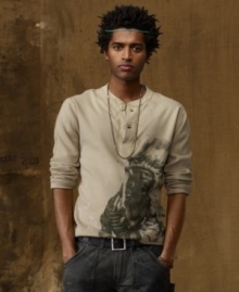 A laid-back chief print, hints of paint splatter and just the right amount of fade grant a lightweight cotton Henley the feel of your favorite worn tee. A laid-back chief print, hints of paint splatter and just the right amount of fade grant a lightweight cotton Henley the feel of your favorite worn tee.
