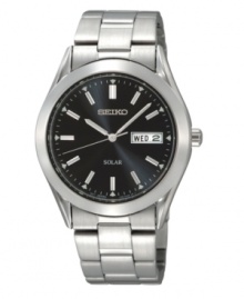 A new take on the sundial: Solar power and 10-month energy storage make this Seiko watch high-tech. Stainless steel bracelet and round case. Black dial features logo, silvertone stick indices amd hands and day/date window. Quick-start function and energy depletion warning. Solar quartz movement. Water resistant to 30 meters. Three-year limited warranty. A new take on the sundial: Solar power and 10-month energy storage make this Seiko watch high-tech. Stainless steel bracelet and round case. Black dial features logo, silvertone stick indices amd hands and day/date window. Quick-start function and energy depletion warning. Solar quartz movement. Water resistant to 30 meters. Three-year limited warranty.