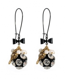 Dare to be dramatic. Bold drop earrings by Betsey Johnson combine sparkling crystal-coated fireballs, mini key and glass stone charms with black ribbon accents. Crafted in gold tone and black-plated mixed metal. Approximate drop: 2-1/2 inches.