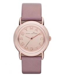 Tastefully trendy. The perfect amount of pink shimmer warms up this watch by Marc by Marc Jacobs. Metallic blush leather strap and round rose-gold ion-plated stainless steel case. Rose-gold tone mirrored dial features rose-gold tone logo letters at markers and three hands. Quartz movement. Water resistant to 50 meters. Two-year limited warranty. Tastefully trendy. The perfect amount of pink shimmer warms up this watch by Marc by Marc Jacobs. Metallic blush leather strap and round rose-gold ion-plated stainless steel case. Rose-gold tone mirrored dial features rose-gold tone logo letters at markers and three hands. Quartz movement. Water resistant to 50 meters. Two-year limited warranty.