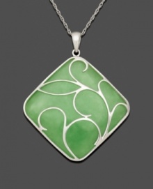 The look of serenity, this peaceful style is both calm and cool. Crafted from solid, square-shaped jade (37 mm), a swirling sterling silver overlay and chain adds the perfect final touch. Approximate length: 18 inches. Approximate drop: 1-9/10 inches.