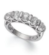 With its polished setting, and stunning five-stone design, this wedding band is the perfect celebration of marriage. Ring features five, round-cut, certified diamonds (2 ct. t.w.) in a 14k white gold setting.