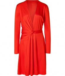 Vermillion-hued and super-sleek, this silk frock from Issa is party-perfect - Deep V-neckline with faux-wrap detail, long sleeves, waistband with asymmetric draped detail, skirt with front draped detail, concealed side zip closure - Fitted draped silhouette - Style with peep-toe platform, a sleek trench, and a classic clutch Vermillion-hued and super-sleek, this silk frock from Issa is party-perfect - Deep V-neckline with faux-wrap detail, long sleeves, waistband with asymmetric draped detail, skirt with front draped detail, concealed side zip closure - Fitted draped silhouette - Style with peep-toe platform, a sleek trench, and a classic clutch