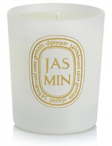 The Limited Edition Jasmine white colored votive, a classic scent that is fresh and opulent, green and exhilarating at sunrise. The flower emanates warm vanilla aromas around midday. Burn time is approximately 20 hours. 2.4 oz.